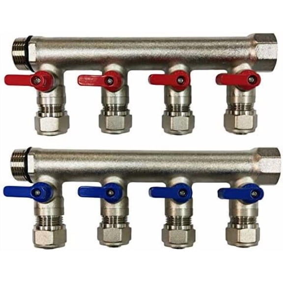 4 Loops Plumbing Manifolds w/ 1" trunk & 1/2" Pex Ball Valves, Red and Blue Handles$$Plumbing & HVAC