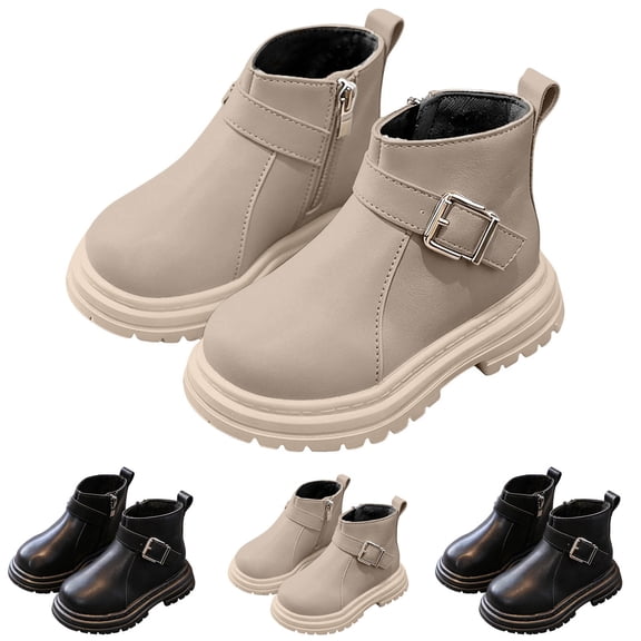 Viluyesy Toddler Girls Ankle Boots Side Zipper Fleece Lined Solid Color Shoes Lace-Up Buckle Non-slip Leather Boots Black Size 7