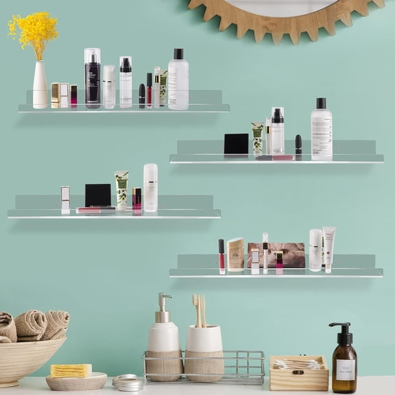 24 Inch Clear Floating Shelves 4 Pack Acrylic Shelves Invisible Floating Wall Ledge Bookshelf 5MM Thick Book Display Shelves Wall Mounted Bathroom Kitchen Organizer