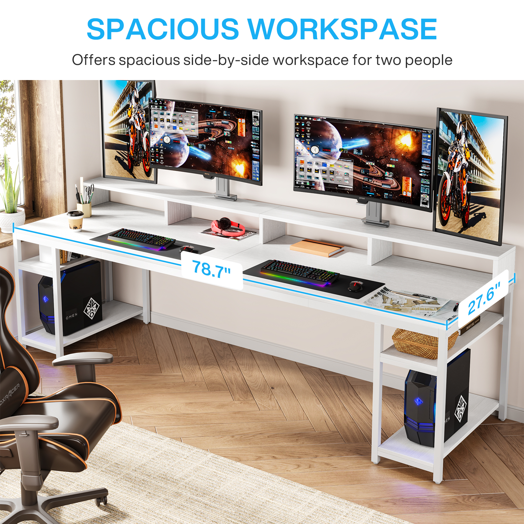 Fnova 78.74" Long Computer Desk with Monitor Stand and Storage Shelves, Industrial Home Office Writing Desk for 2, White