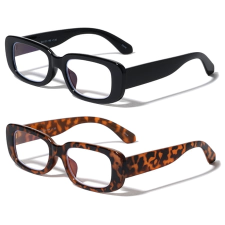 2 Pairs Women Rectangular Blue Light Blocking Reading Glasses Retro Bold Clear Lens Reader +1.00