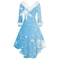 thumbnail image 3 of Women's Fashion V-Neck Casual Fit Christmas Print Party Long Sleeve Dress, Plush Trim, Holiday Print, Retro Style, Party Wear, Slim Fit, Festive,Sky Blue,5XL, 3 of 3