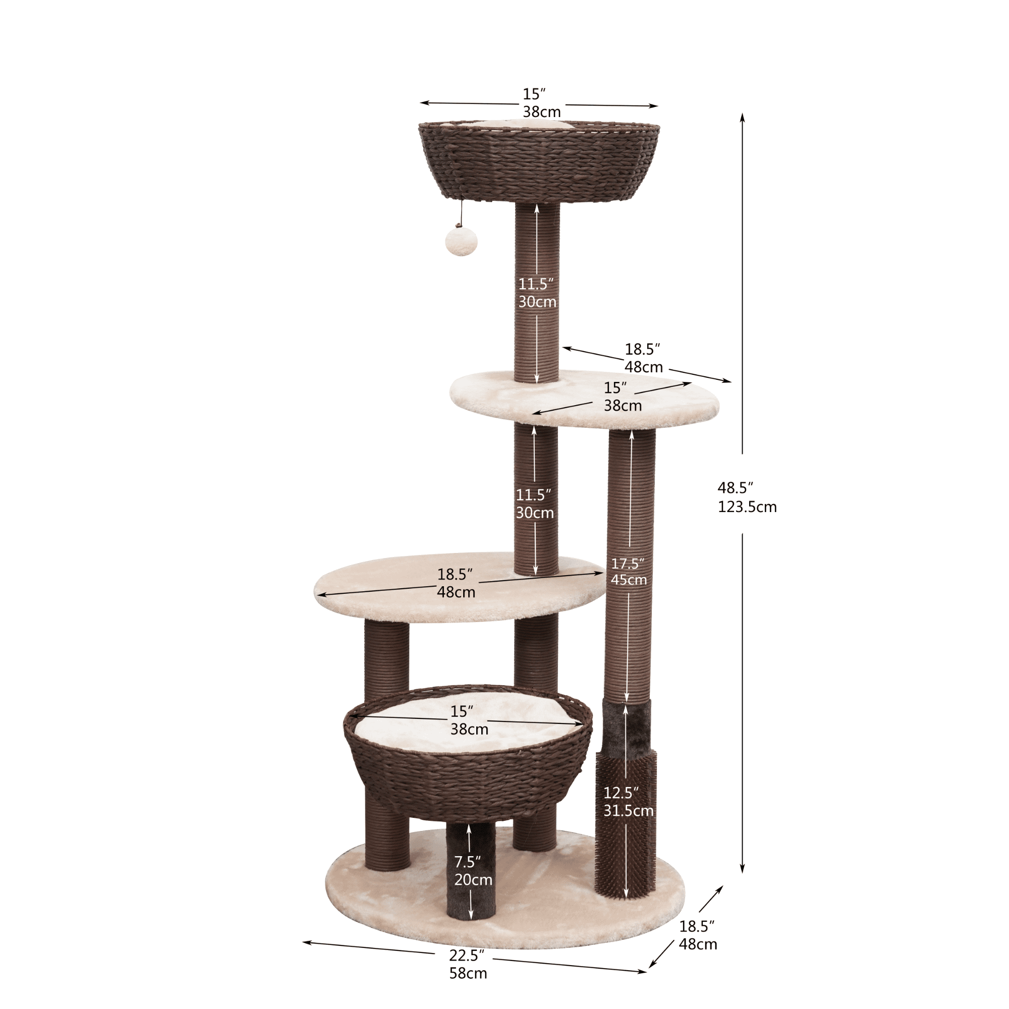 PetPals® 48"High 5-Lvl Large Cat Tree with Perches, Scratching Posts, Basket beds & Groomer, Beige