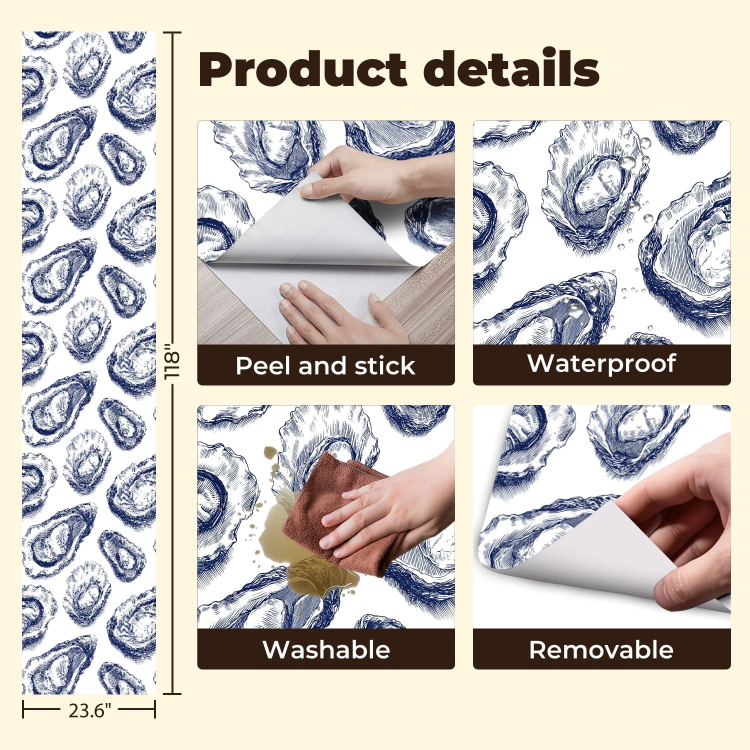 Peel and Stick Wallpaper Oysters Hand Drawn Nautical Blue Ink White Wall Mural 23.6in x 9.8ft Self Adhesive Removable Wall Paper Renter Friendly Wallpaper for Bedroom