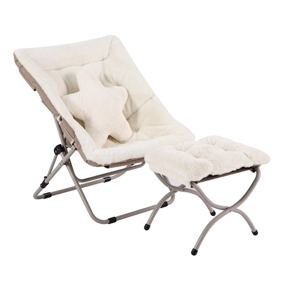 Beige Faux Fur Saucer Chair with Ottoman, Folding Moon Chair with Star