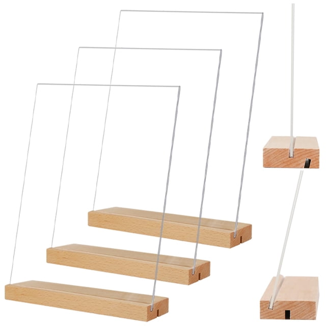 Soporte acrílico para letreros TONICE, 8,5 x 11 cm con base de madera, paquete de 3