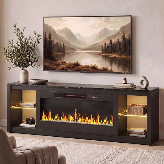 Bestier 70" Fireplace TV Stand for TVs up to 75", Modern Entertainment Center with 36" Electric Fireplace, TV Console with LED Lights and Adjustable Shelves for Living Room, Black