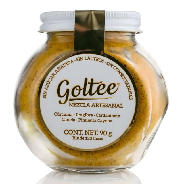 Golden Milk Leche Dorada Goltee con Cúrcuma, Jengibre, Canela y Especias | Rinde 120 Tazas | Frasco 90g con Cucharita | Ideal para Té o Bebidas Tipo Latte | Sin Azúcar