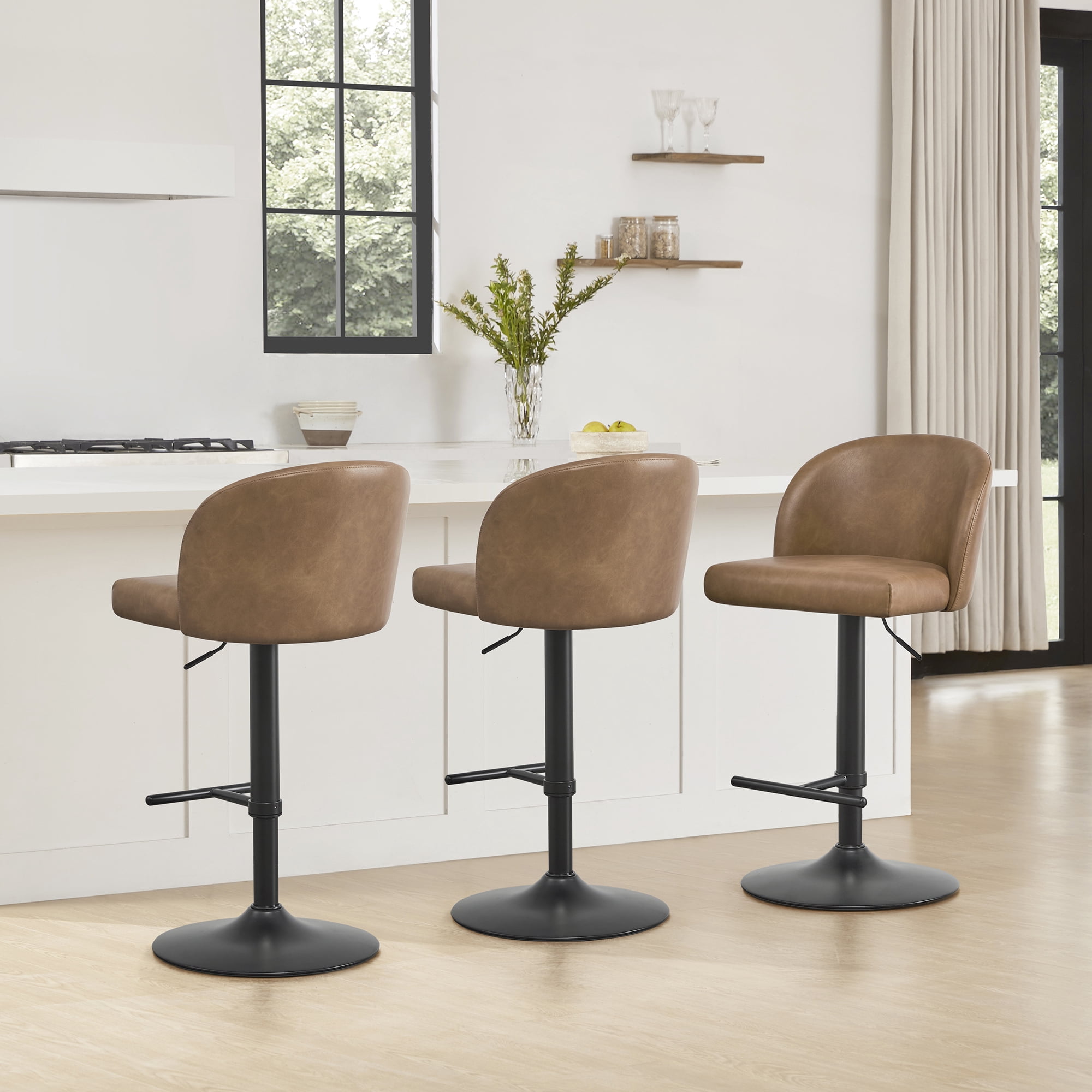 Spruce & Spring Modern Adjustable Swivel Bar Stool with Air-Lift Set of 2, Cognac with Black Frame