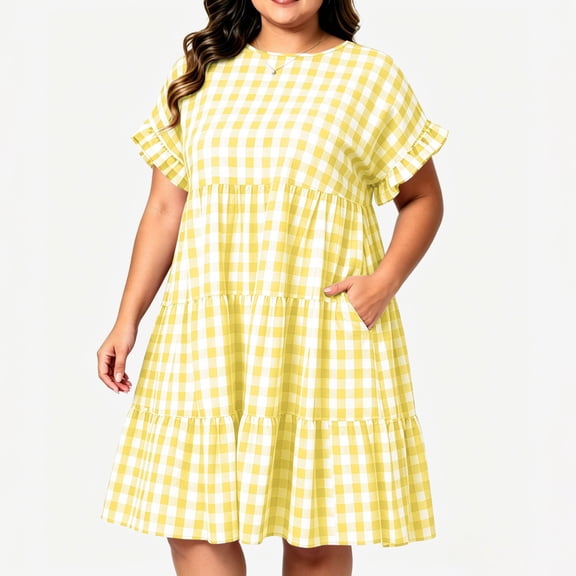 Guieoi Plus-Size Womens Dresses Plus Size Summer Checkered Pleated Short-Sleeve Round-Neck Casual A-Line Dress with Pockets Yellow L
