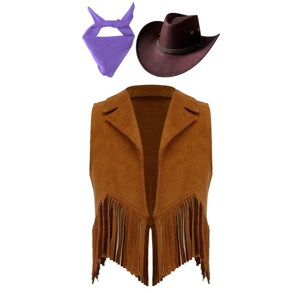 Aislor Girls Western Cowgirl Outfit Kids Open Front Cowboy Vest Jacket with Hat Bandana 3 Piece Costume Brown&Purple 10