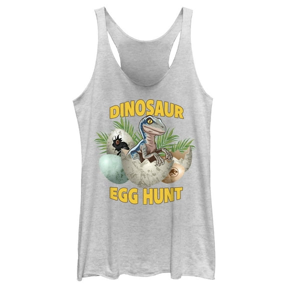 Women's Jurassic World Easter Velociraptor Dinosaur Egg Hunt Racerback Tank Top White Heather Medium