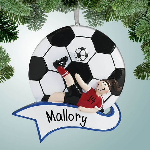 Personalized Soccer Girl with Banner - Brown Hair Christmas Ornament - Gifts for a Soccer Team - Goals - Striker - Midfielder - Futbol - Football - Great Gift Ideas