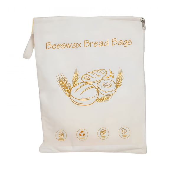 AUQ Reusable Beeswax Bread Bag with Wide Zipper, Natural Cotton Storage Bag for Bread, Fruits, Vegetables, Portable And Washable Beige