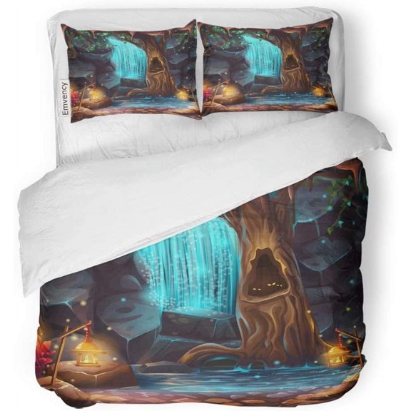 FMSHPON 3 Piece Bedding Set Cartoon of Magical Waterfall in Grotto Under The Crown Spreading Tree Twin Size Duvet Cover with 2 Pillowcase for Home Bedding Room Decoration