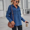 thumbnail image 4 of SWSMCLT Women's Soft Button Down Shirt Fall Pocket Coat Western Top Long Sleeve Split Summer Spring Denim Dark Blue Small, 4 of 5