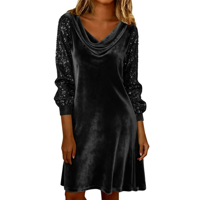 nerohusy Robe en Velours à Paillettes Brillantes à Manches pour Femmes, Col Bénitier, Ligne A, Invité de Mariage, Soirée, Noir, P