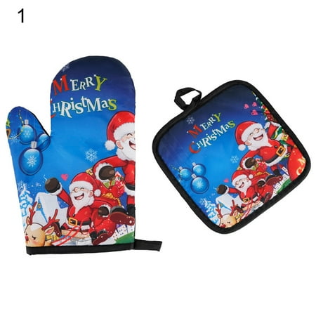 

Juhai 2Pcs/Set Microwave Glove Fine Workmanship Non-Slip Polyester Christmas Washable Oven Mitts Mat for Home