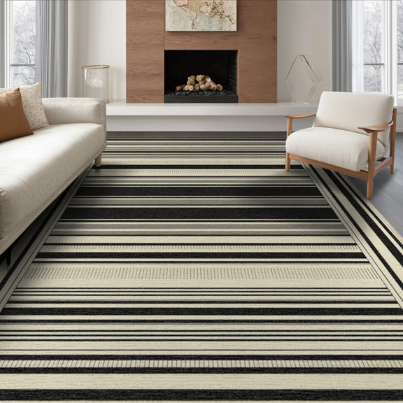 ODIKA 8'x10' Washable Area Rug Non-Shedding, Easy Care, Modern Farmhouse With Bold Pinstripe And Banded Border Striped Flowing Dynamic for King Size Bedroom Under Bed, Master Suite