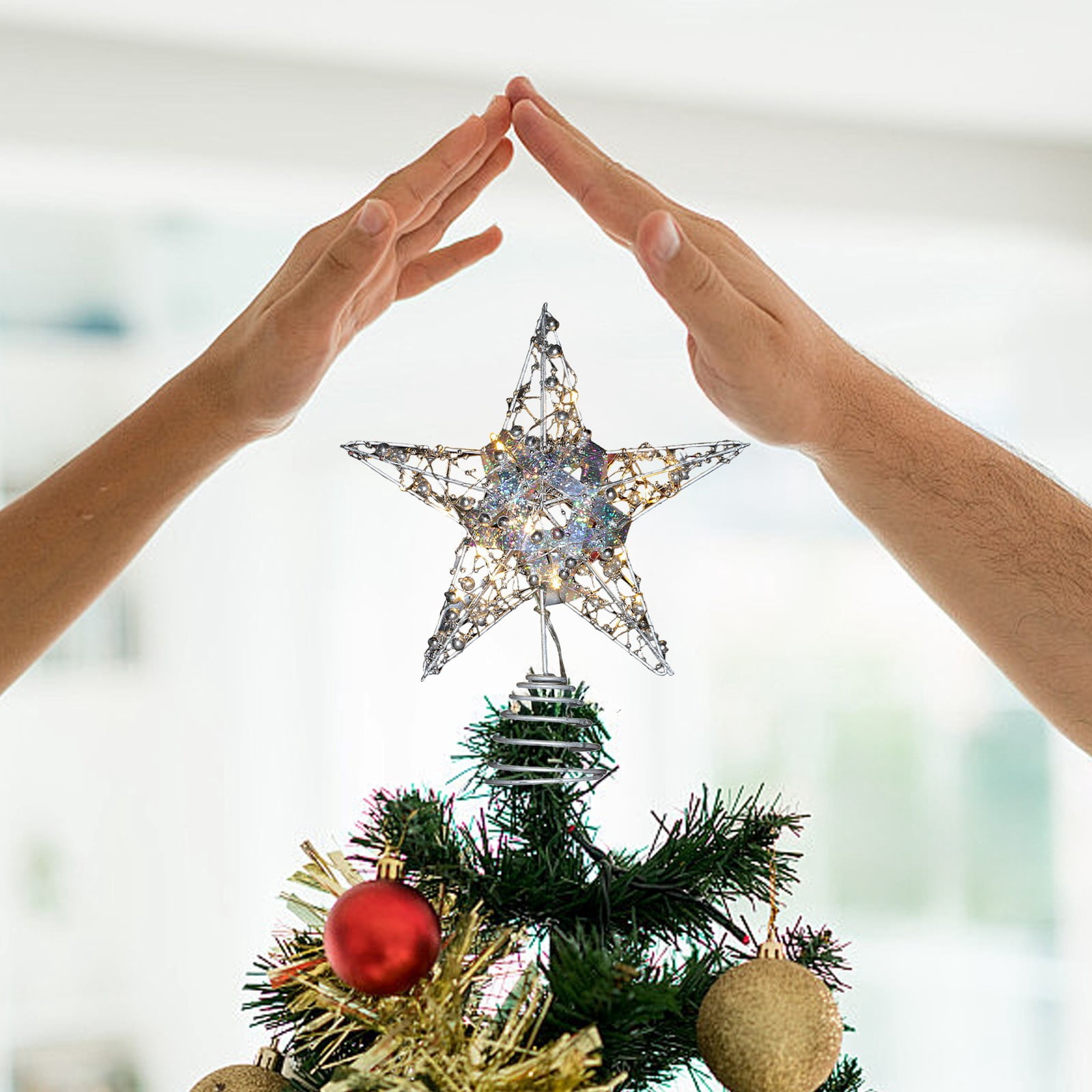 Étoile De Noël Argentée Pour Sapin – Cime Scintillante Avec Paillettes, Facile à Installer, 25x29 Cm – Décoration Festive Durable - 7