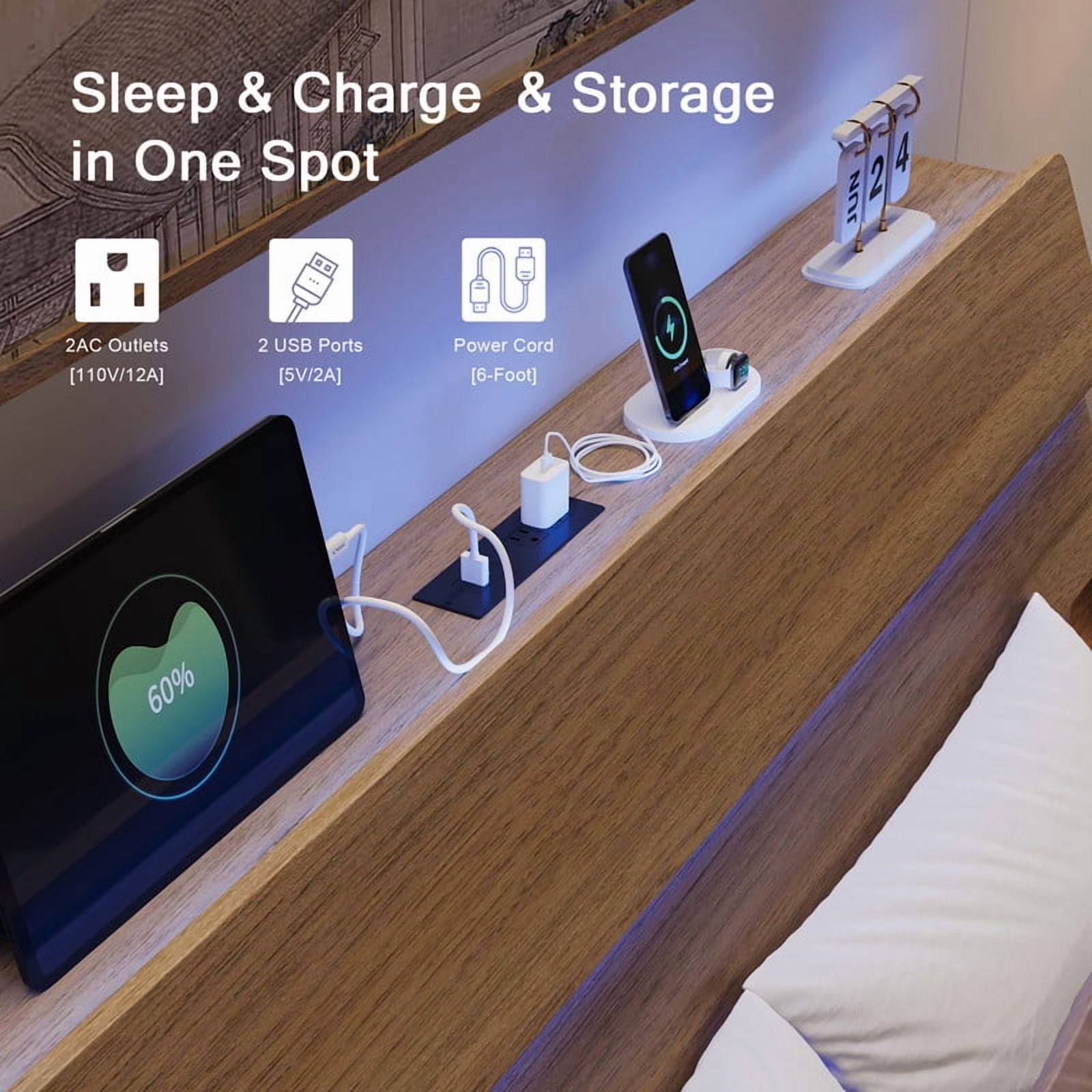 Einhomn Floating Bed Frame King Size with Storage Headboard, LED Lights and Charging Station, No Box Spring Needed
