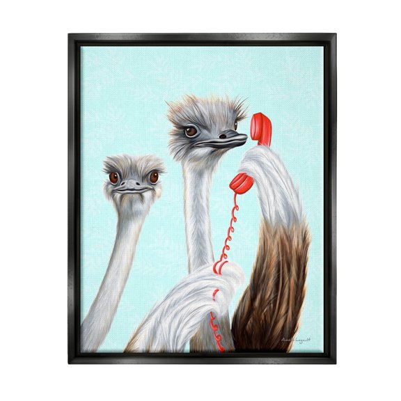 Stupell Industries Detailed Ostrich Birds Talking Red Cord Telephone Graphic Art Jet Black Floating Framed Canvas Print Wall Art, Design by Amelie Legault