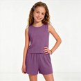 thumbnail image 2 of KPOPLK Girl's 2 Piece Outfits Summer Solid Color Linen Tank Top and Paperbag Waist Striped Shorts Set for 8 9 10 11 12Years(9 Years,Purple), 2 of 7