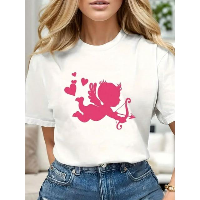 Camiseta vintage con diseño de Cupido para San Valentín, cuello redondo, informal, cómoda y deportiva.