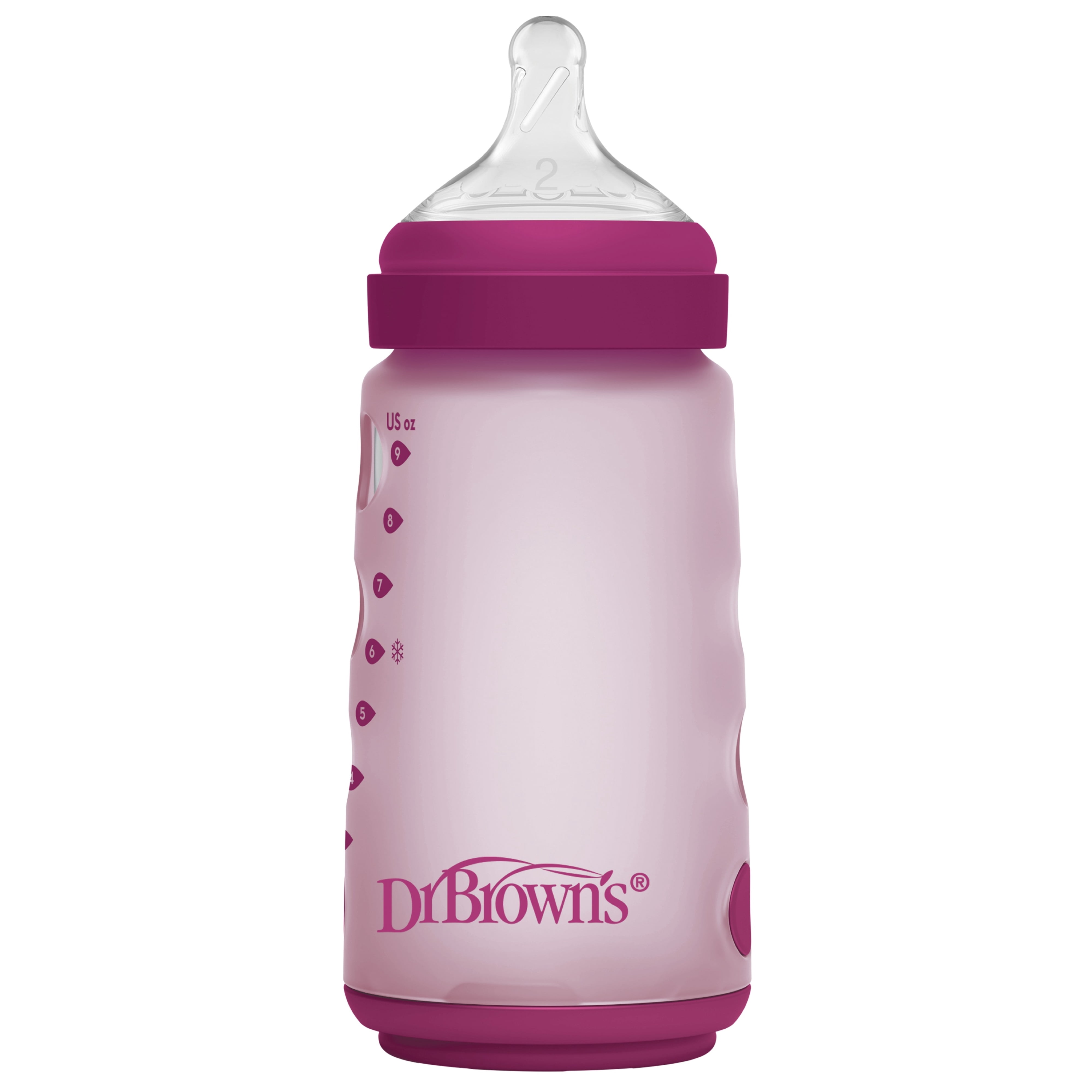 Dr. Brown's Silicone Baby Bottle with Collapsible Insert Designed to Reduce Colic, 9 oz with Wide-Neck Level 2 Medium Flow Nipple, BPA-Free, 3m+, Pink, 1-Pack