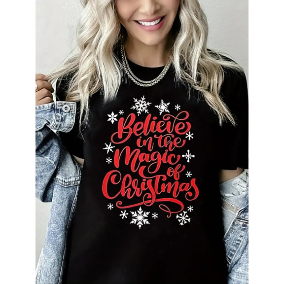 Woman Christmas Shirt Believe in the Magic of Christmas Graphic T-Shirt Casual Short Sleeve Top