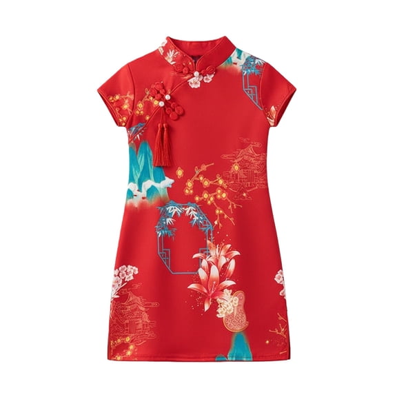 Ruyang Girls Floral Gheongsam Chinese Traditional Dress Kids Modern Sleeveless New Year Qipao Princess Tassels Outfits Trendy Skirt