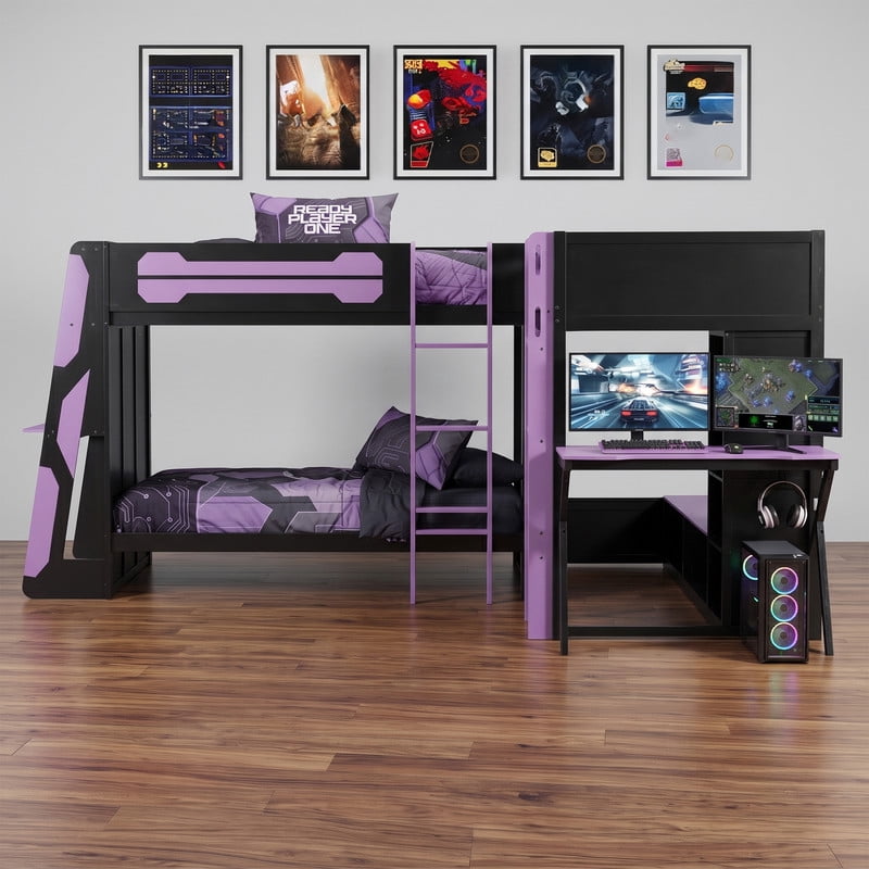 L-Shaped Twin Size Gaming Bunk Bed with RGB LED Lights, 3 Twin Beds, USB Ports, TV Stand & Storage Shelves, Reversible Wooden Bunk Bed Frame for Teens & Adults