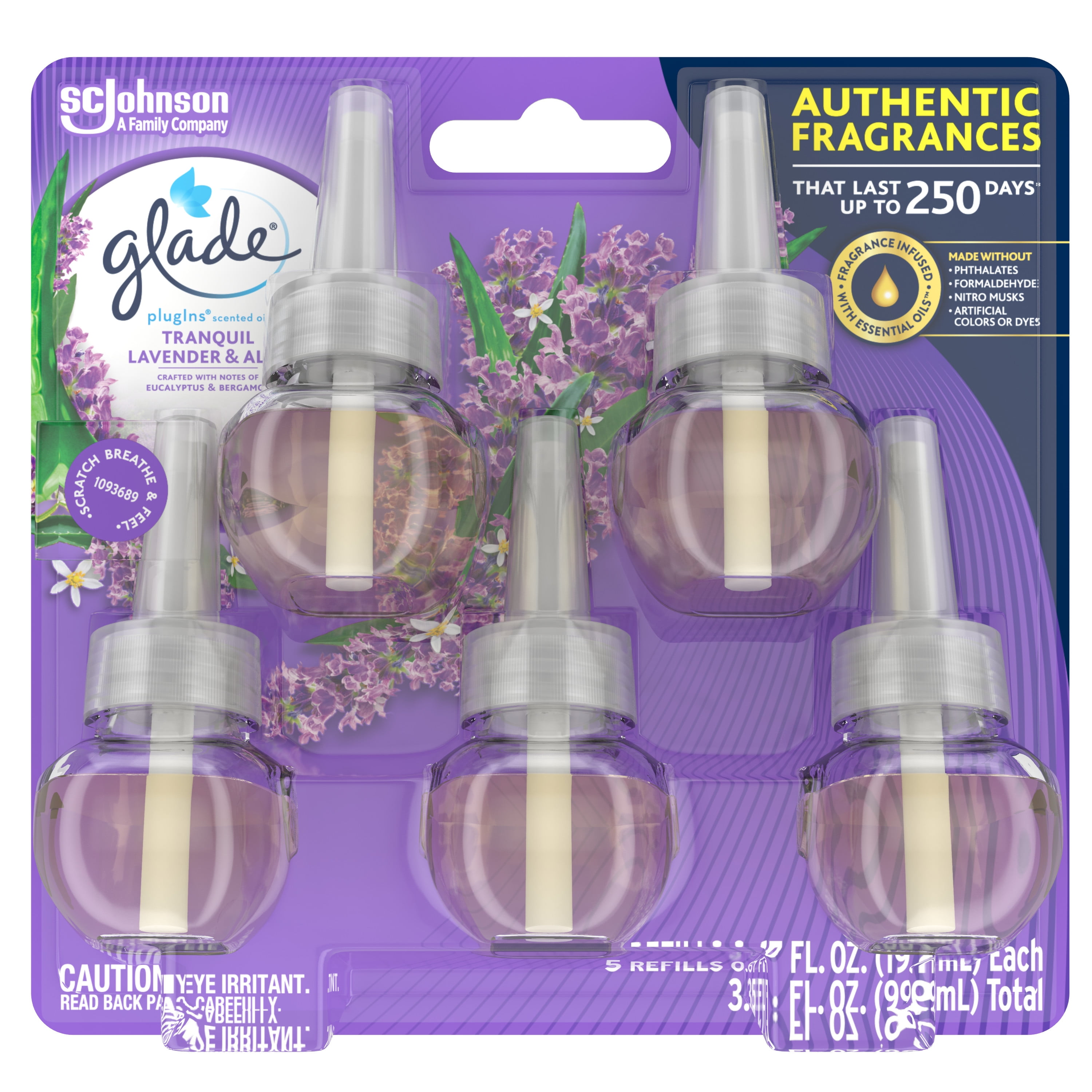 Glade PlugIns Refill 5 CT, Tranquil Lavender & Aloe, 3.35 FL. OZ. Total, Scented Oil Air