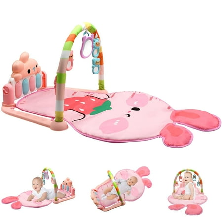 Baby Play Mat Baby Gym, Funny Play Piano Tummy Time Baby Activity Mat with 4 Infant Sensory Baby Toys, Music and Lights Boy & Girl Gifts for Newborn Baby 0 to 3 6 9 12 Months - STRAWBERRY