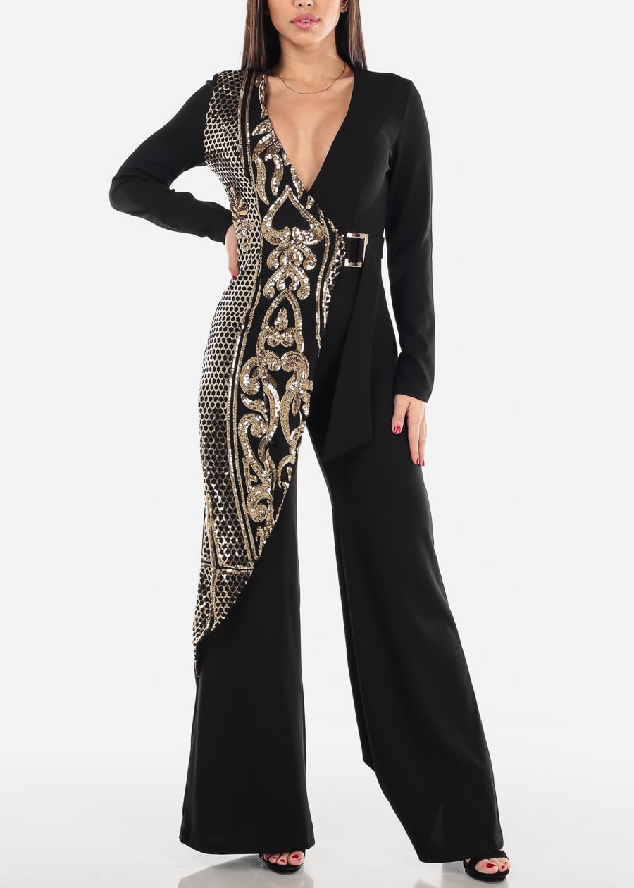 Moda Xpress - Womens Long Sleeve Jumpsuit Wide Legged Fancy Dressy