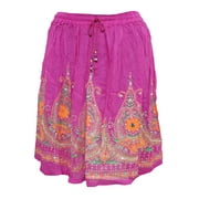 Mogul Women's Bohemian Pink Skirt Sequin Work Ethnic Indian Short Skirts