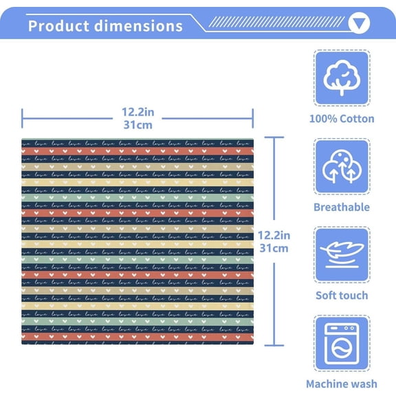 Coolnut 6 PCS Love Heart Stripes Washcloths, 12x12 Inches Cotton Wash Cloths, Highly Absorbent and Soft Face Towels for Bathroom,Gym,Hotel and Spa