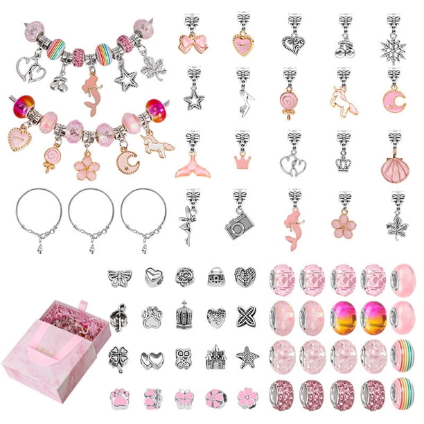 Bracelet Making Kit for Girls, 63PCS Charm Bracelets Kit with Beads, Jewelry Charms, Bracelets for DIY Craft, Jewelry Gift for Teen Girls(pink)