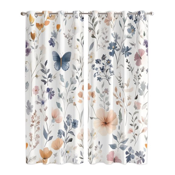 Watercolor Flower Window Curtains Panels with Silver Grommet, Spring Farm Leaf Country Retro Plant Kitchen Cafe Curtain Draperies Window Treatment Set for Living Room/Bedroom/Laundry/Bathroom, 84x84