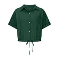 thumbnail image 3 of Women Casual Crop Short Sleeve Button Down Blouses Shirt Collar Loose Fit Shirt Dark Green M, 3 of 6