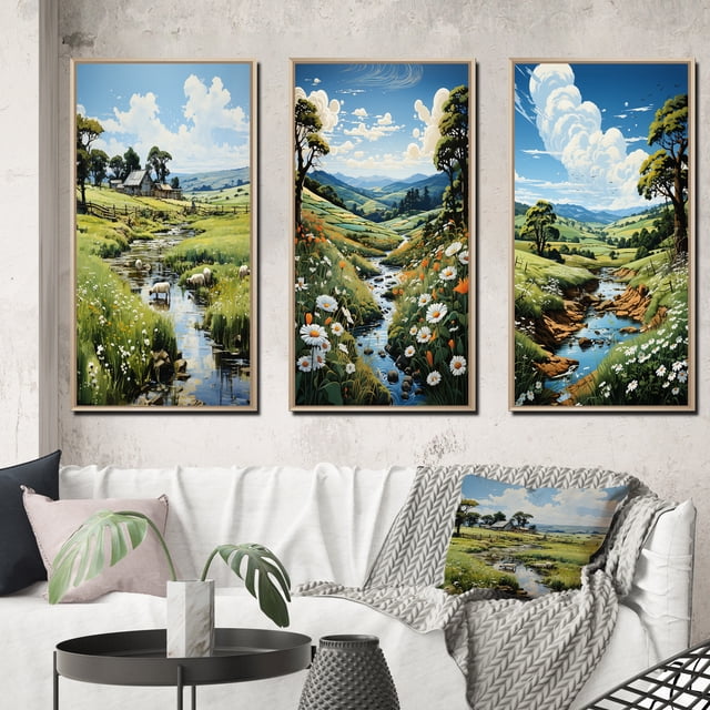 Designart "In Pasture Countryside Sheep painting" Landscape & Nature Framed Wall Art Set Of 3 - Green Countryside Frame Gallery Wall Set For Home Decor