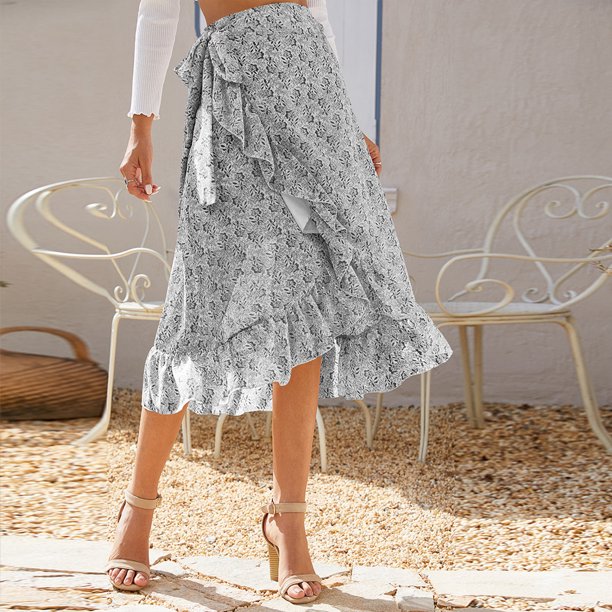 Faldas Midi De Verano Faldas midi divididas irregulares para mujer Falda bohemia con estampado floral de gasa (Blanco L) Cgtredaw Para estrenar