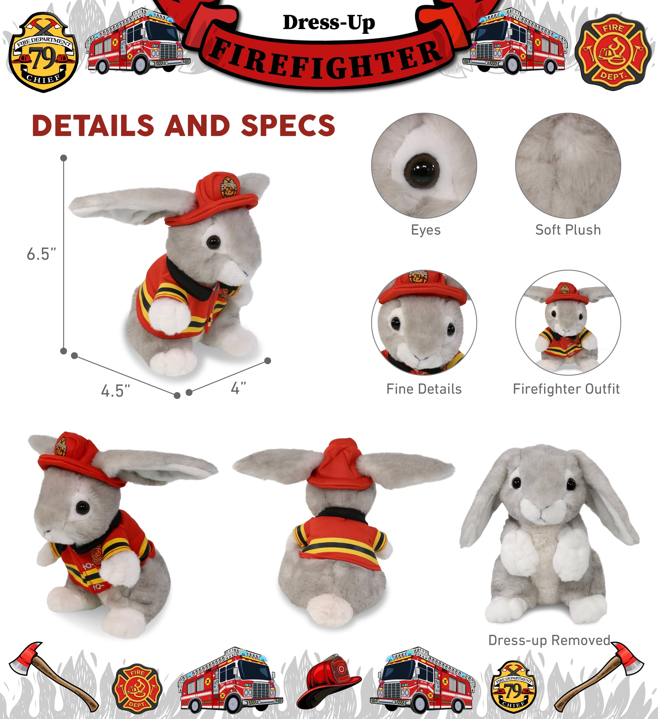 DolliBu Sitting Gray Rabbit Firefighter Stuffed Animal - Rabbit Fireman Toy with Red Fireman Costume Outfit and Fireman Hat, Farm Life Stuffed Animal Fire Fighter Doll Plush Toy for Kids - 6.5 Inch