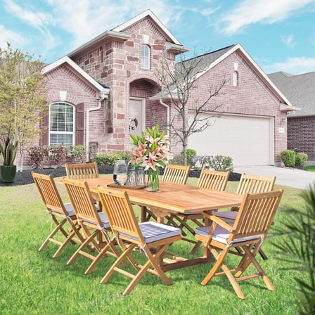 9 Piece Teak Wood Santa Barbara Outdoor Patio Dining Set w/ Rectangular Extension Table, 2 Folding Arm Chairs and 6 Folding Side Chairs