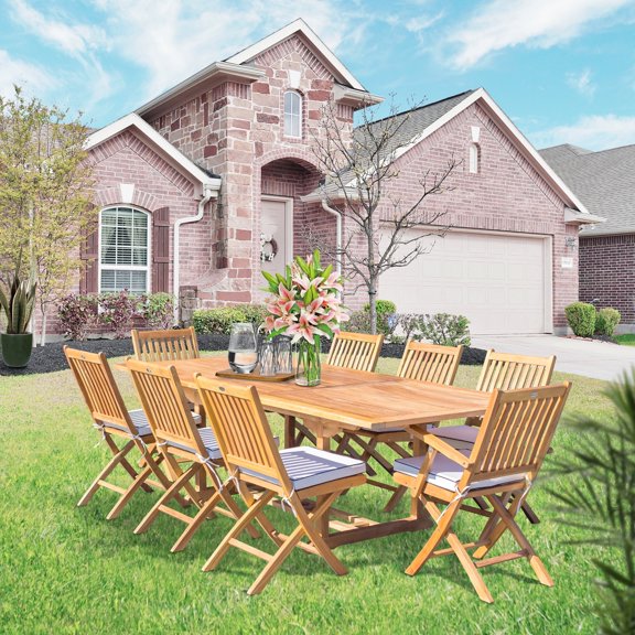 9 Piece Teak Wood Santa Barbara Outdoor Patio Dining Set w/ Rectangular Extension Table, 2 Folding Arm Chairs and 6 Folding Side Chairs