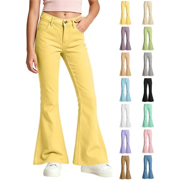 Xaqiouau Girls Flare Leg Pants Slim Fit Solid Color Casual Trousers Button Front Mid Rise Bell Bottom Jeans Style Kids Fashionable Everyday Wear Yellow 11-12 Years