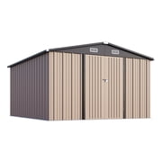 LazySunsets 10 x 12FT Shed Outdoor Storage Shed with Double Hinged Large Door, Large Metal Shed with Lockable Door & Sloped Roof for Garden, Backyard, Patio and Backyard, Brown