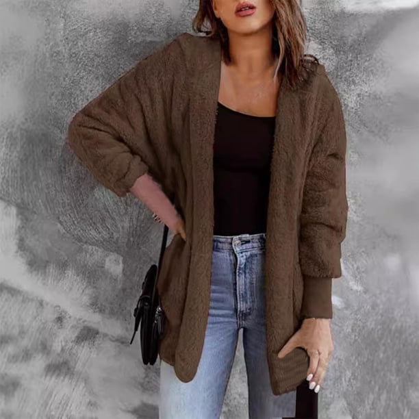 Chaquetas y abrigos casuales de manga larga con capucha Chaquetas de color liso para mujer Chaquetas de manga larga con capucha y doble bolsillo Empalme Chaquetas casuales de manga larga con capucha y