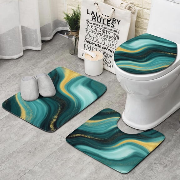 Teal Gold Marble Wave Pattern Bathroom Rugs Sets 3 Piece,Toilet Cover Set,Absorbent Non Slip Bathroom Mats Sets with U-Shaped Contour Rug Toilet Rug Set