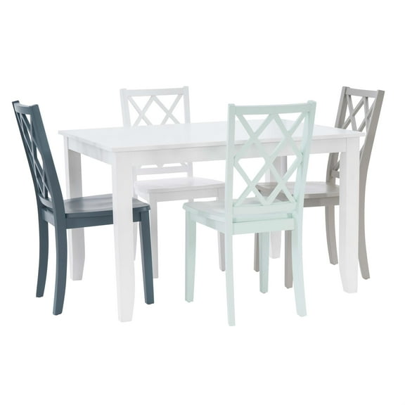 Linon Nico 5 Piece Dining Set White Table/4 Multi Color Chairs in Solid Wood